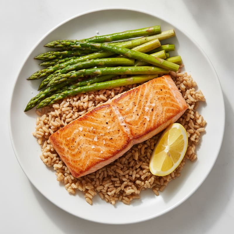 Seared Salmon with Steamed Asparagus and Brown Rice