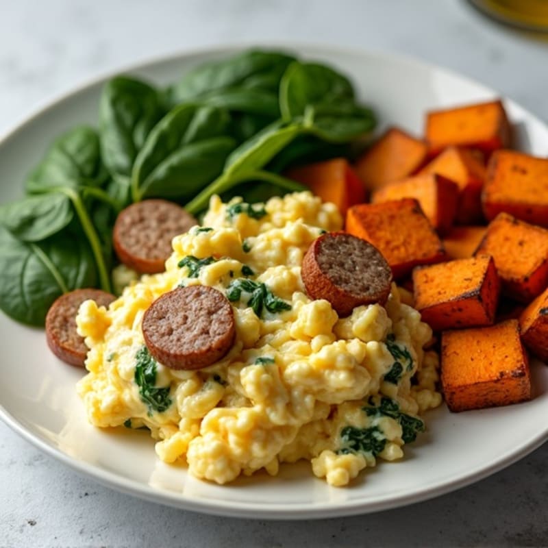 Egg White and Turkey Sausage Scramble with Spinach and Roasted Sweet Potatoes
