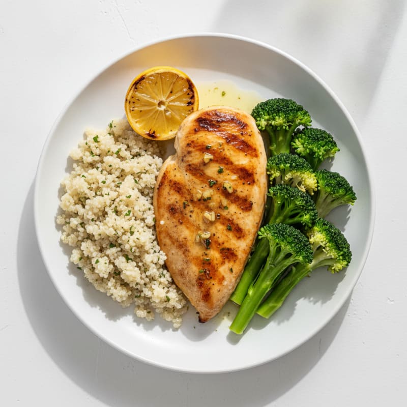 Grilled Lemon Garlic Chicken Breast with Quinoa and Steamed Broccoli