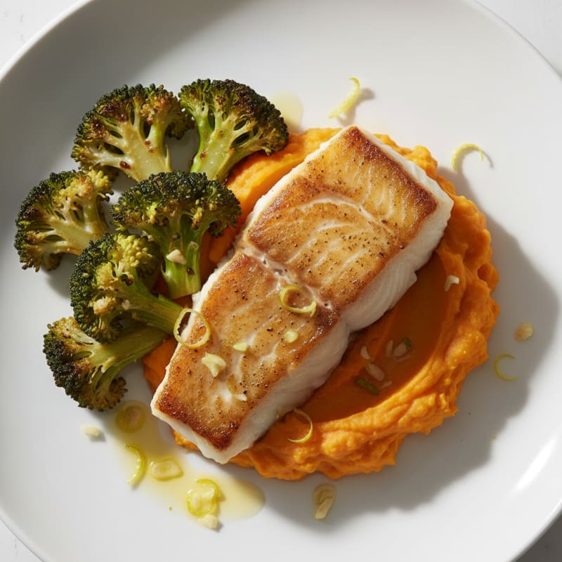 Seared White Fish with Roasted Broccoli and Sweet Potato Mash