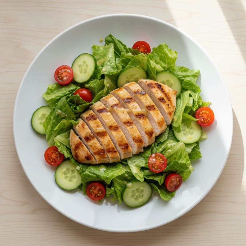 Grilled Chicken Breast with Crisp Romaine and Cherry Tomato Salad