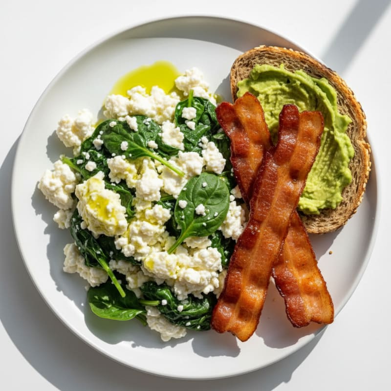 Cottage Cheese Egg White Scramble with Spinach and Turkey Bacon