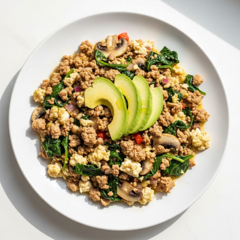 Egg White and Turkey Scramble with Spinach and Mushrooms