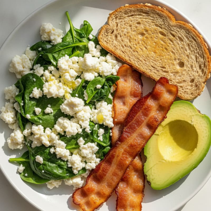 Cottage Cheese Egg White Scramble with Spinach and Turkey Bacon