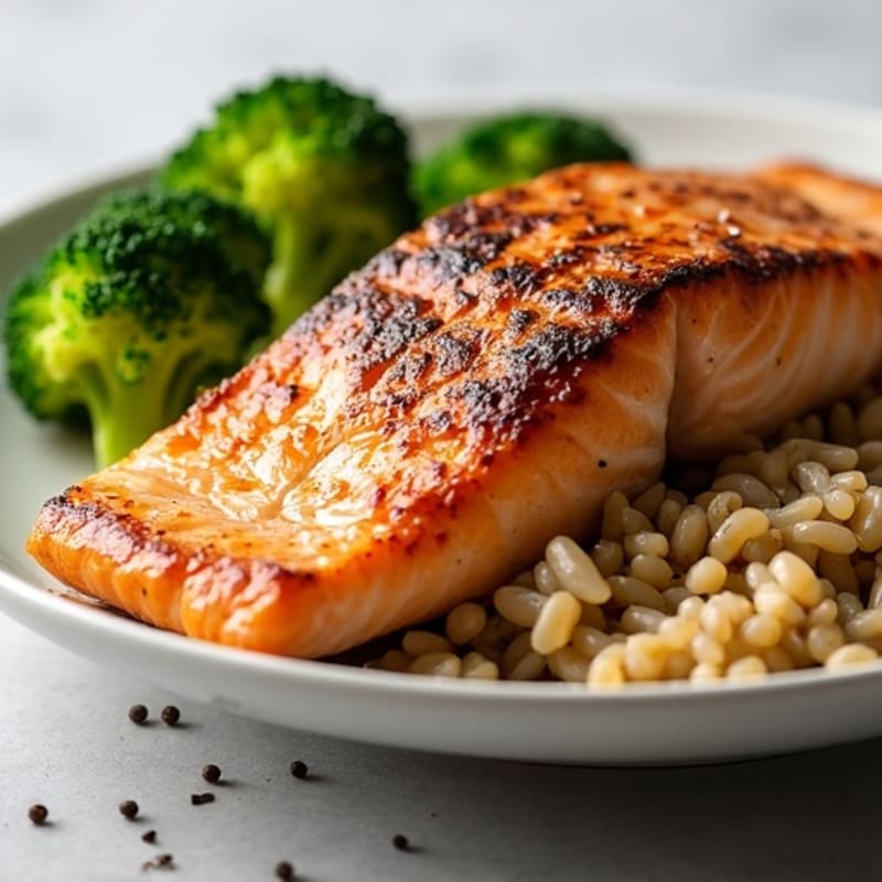 Seared Salmon with Steamed Broccoli and Brown Rice