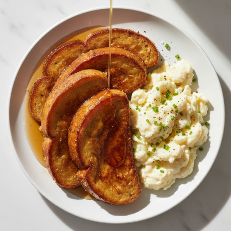 Golden Caramelized French Toast with Scrambled Eggs