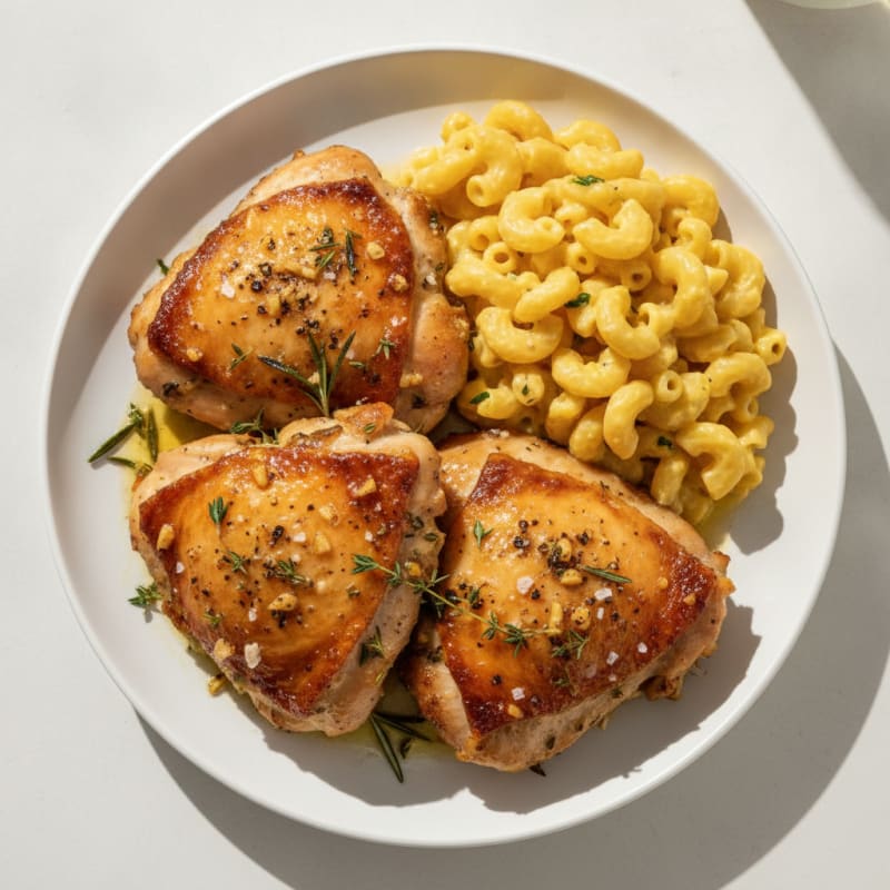 Garlic Herb Roasted Chicken Thighs with Mac & Cheese