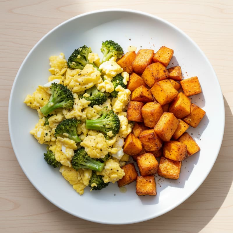 Egg and Broccoli Scramble with Roasted Sweet Potatoes