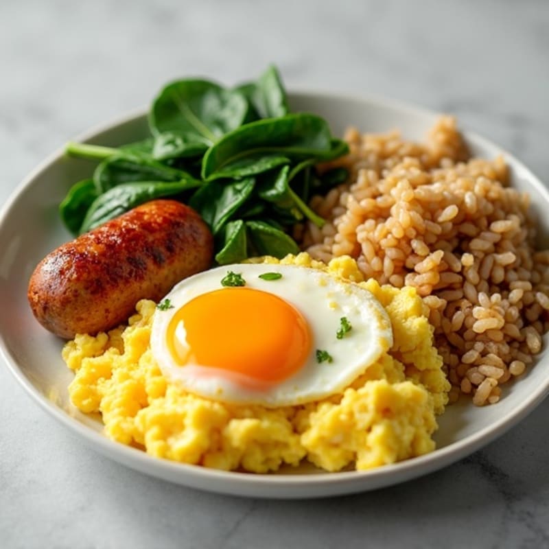 Scrambled Eggs with Turkey Sausage, Spinach & Brown Rice