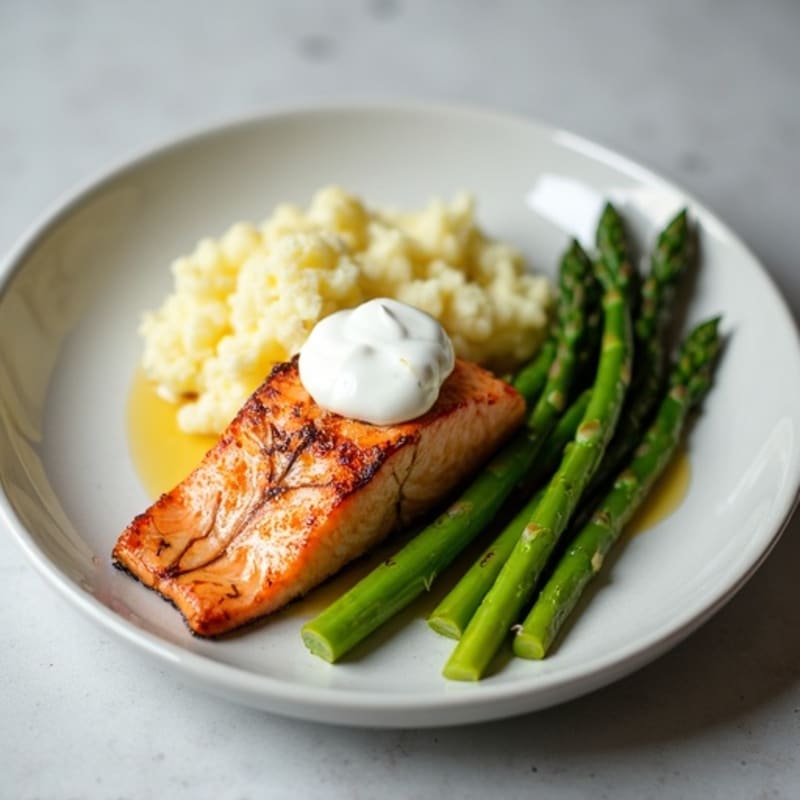 Seared Salmon with Steamed Asparagus and Cauliflower Mash