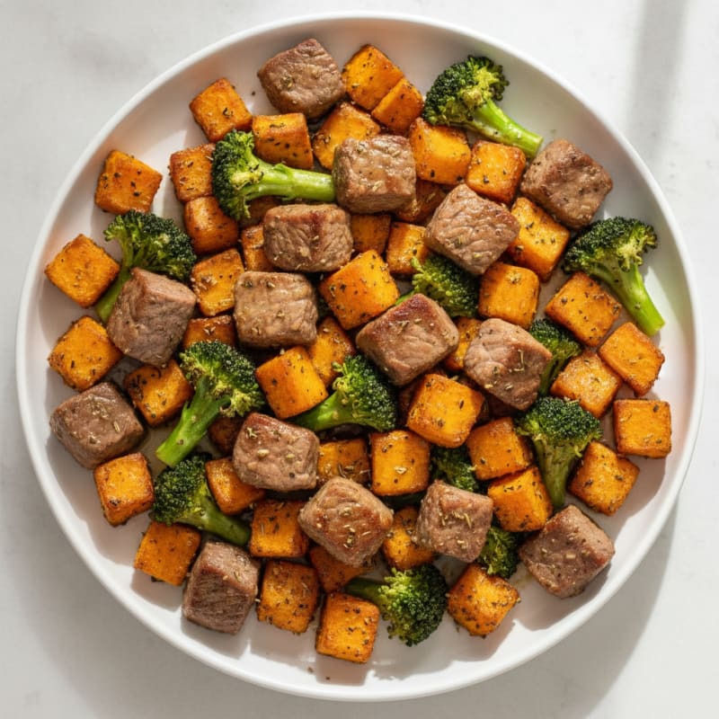 Air-Fried Steak with Herby Sweet Potatoes and Broccoli
