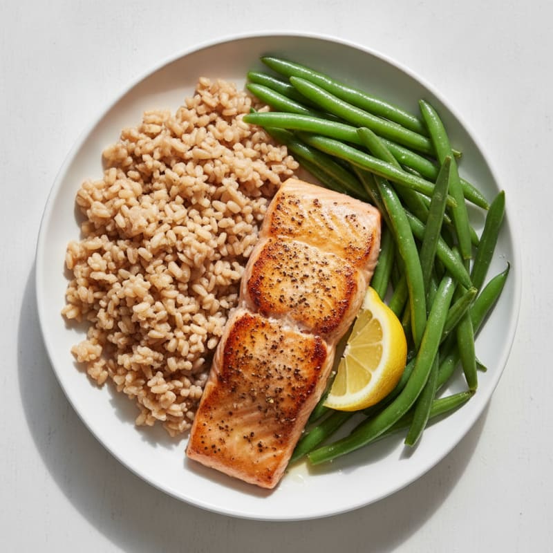 Seared Salmon Fillet with Steamed Green Beans and Brown Rice