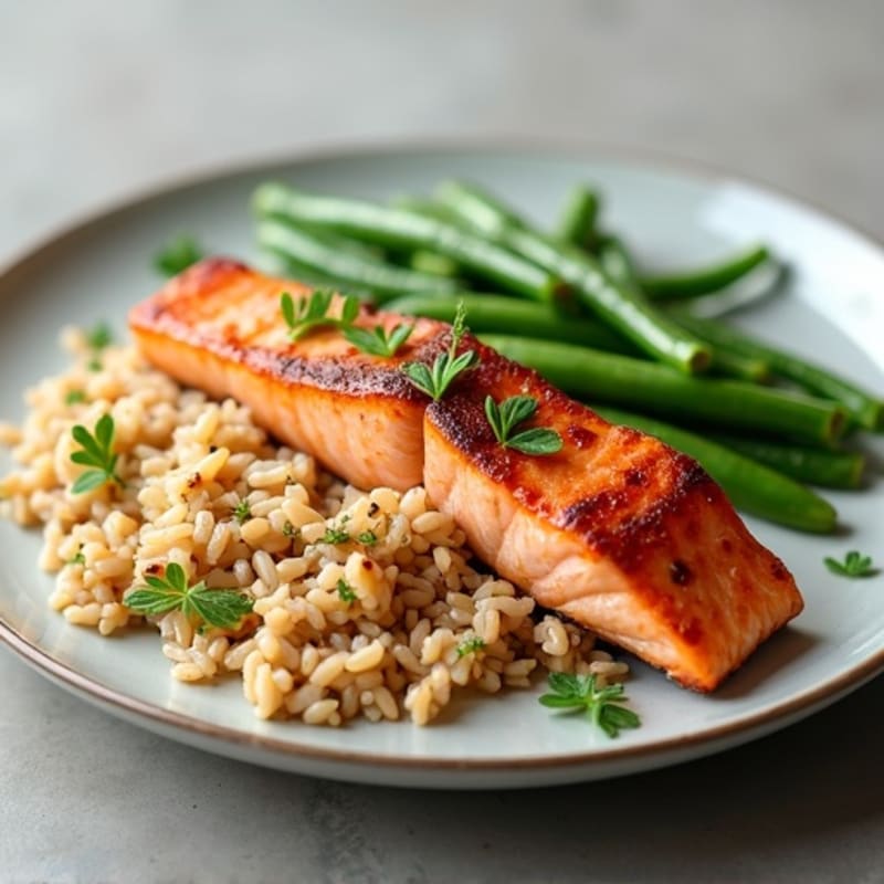Seared Salmon with Steamed Green Beans and Brown Rice