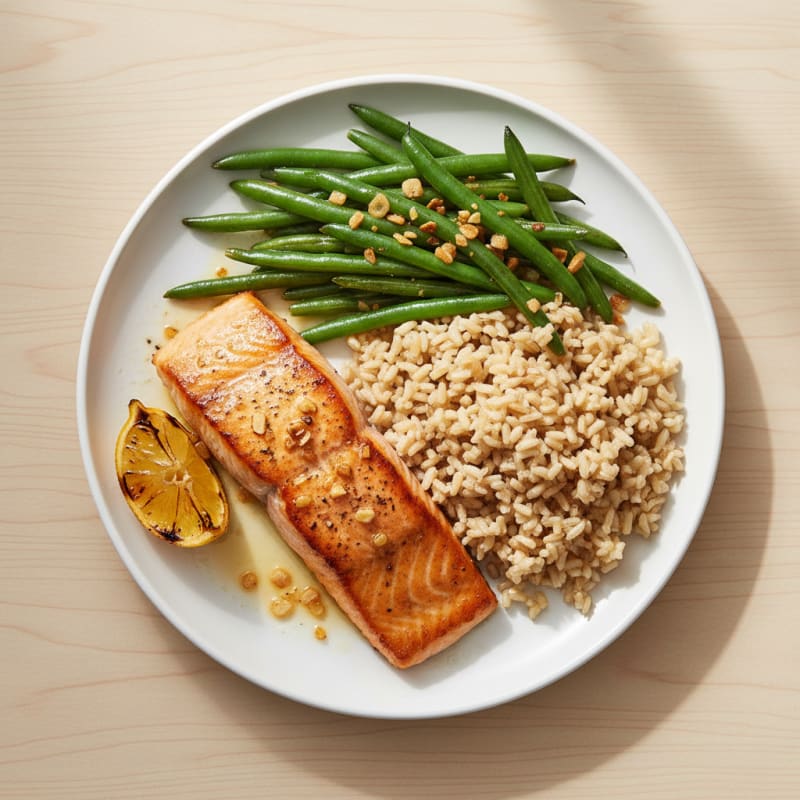 Seared Salmon with Garlic Green Beans and Brown Rice