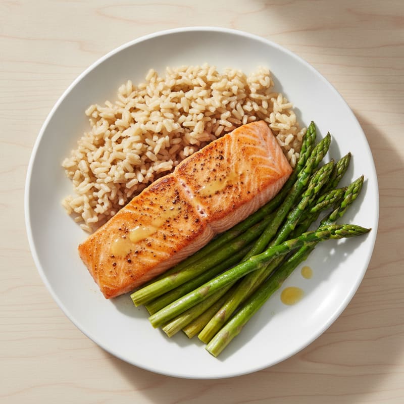 Seared Salmon Filet with Steamed Asparagus and Brown Rice