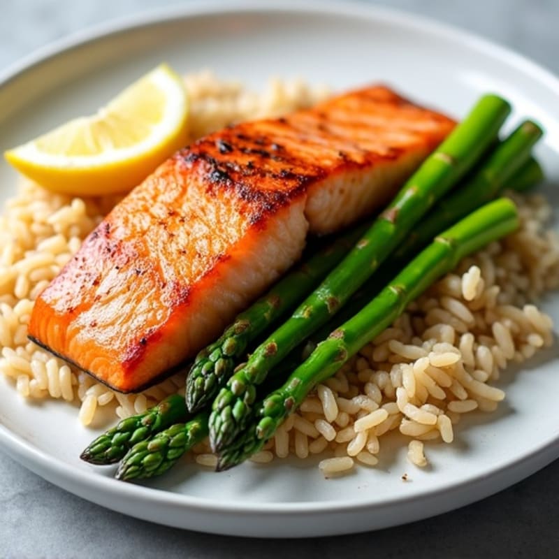 Seared Salmon Fillet with Steamed Asparagus and Brown Rice