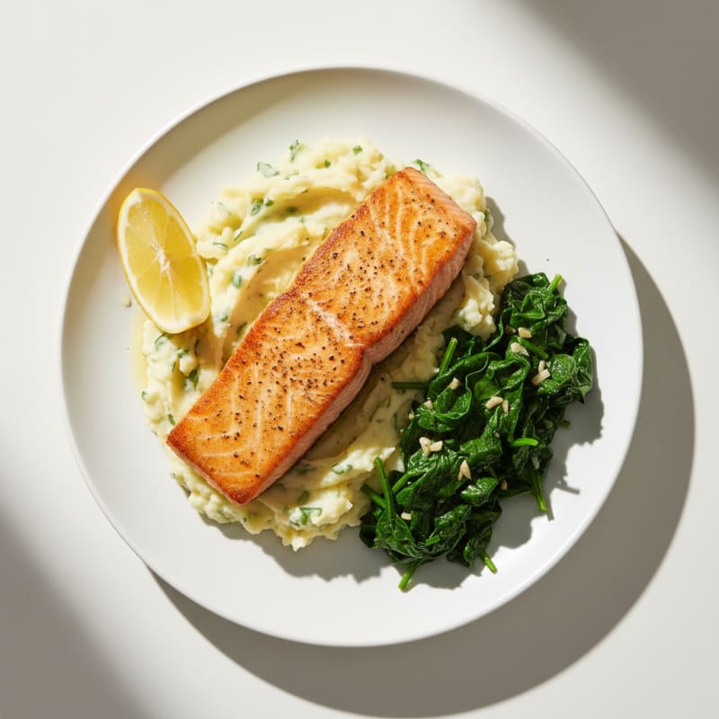 Seared Salmon with Herbed Mashed Potatoes and Sautéed Spinach