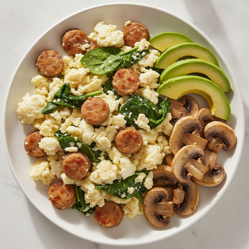 Egg White Spinach Scramble with Turkey Sausage and Sautéed Mushrooms