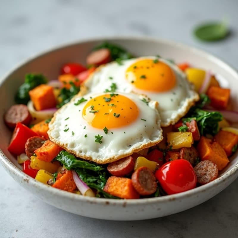 Crispy Sweet Potato and Lean Turkey Sausage Hash with Baked Eggs