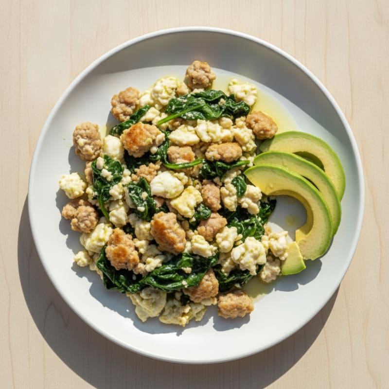 Egg White and Turkey Sausage Scramble with Sautéed Spinach