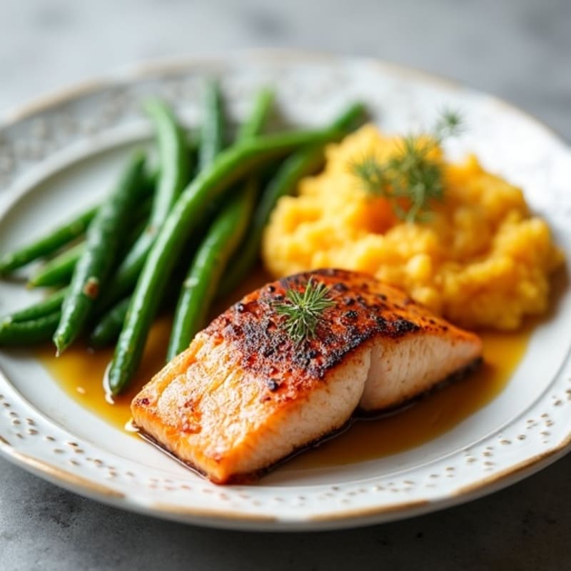 Seared Salmon with Garlic Green Beans and Mashed Sweet Potato
