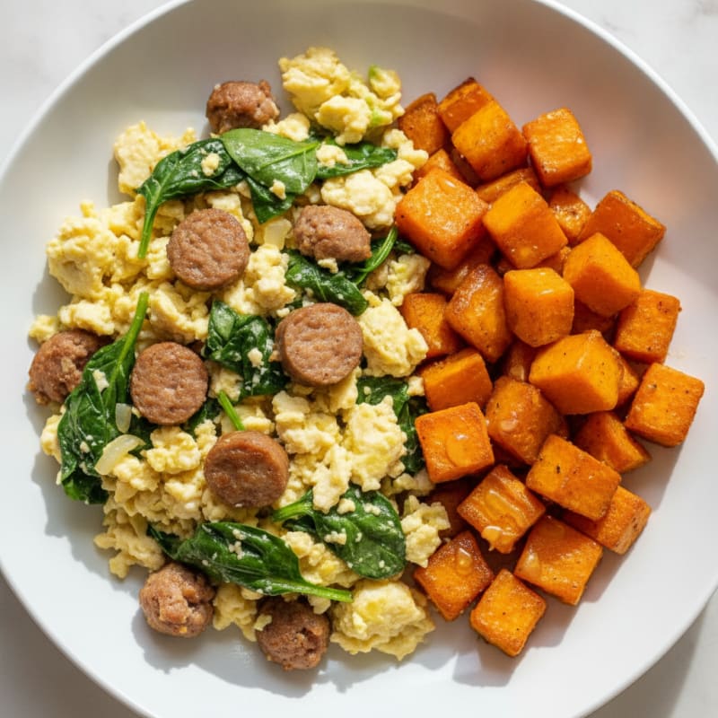 Egg White and Turkey Sausage Scramble with Spinach and Roasted Sweet Potato