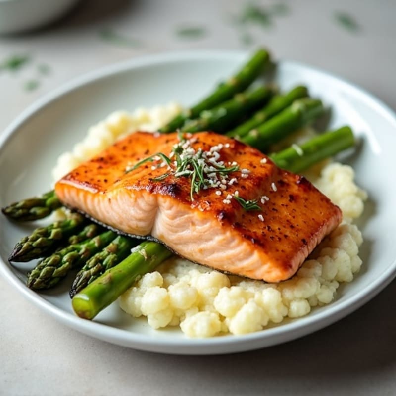 Seared Salmon with Roasted Asparagus and Cauliflower Mash