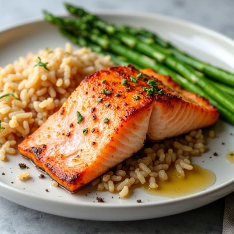 Seared Salmon with Steamed Asparagus and Brown Rice