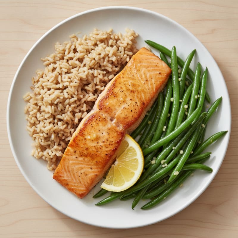 Seared Salmon with Garlic Green Beans and Brown Rice