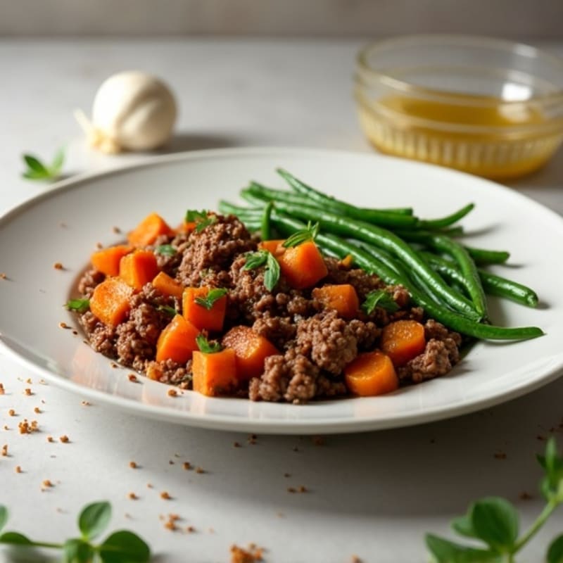 Lean Ground Beef with Roasted Sweet Potatoes and Crispy Green Beans