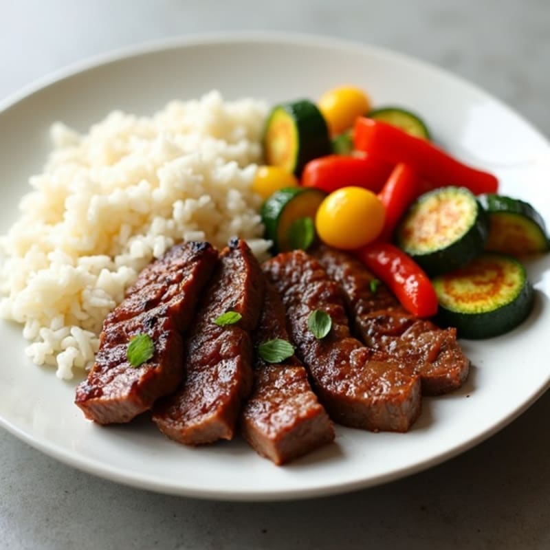 Seared Beef Strips with Steamed Rice and Roasted Vegetables