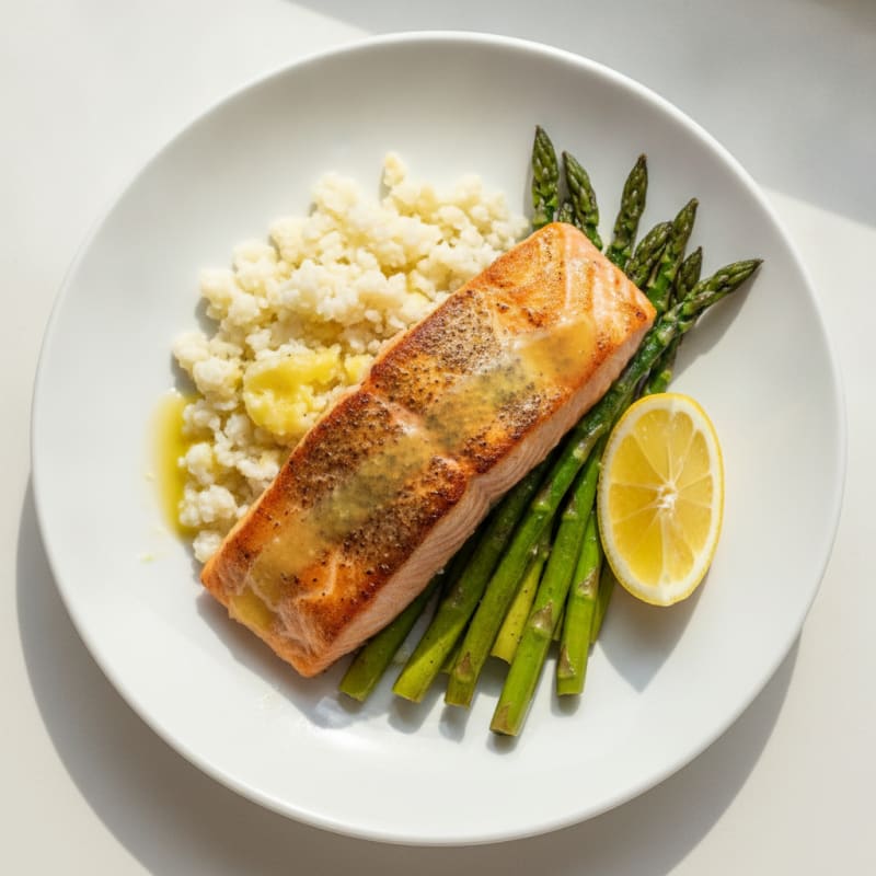 Seared Salmon Fillet with Roasted Asparagus and Cauliflower Rice