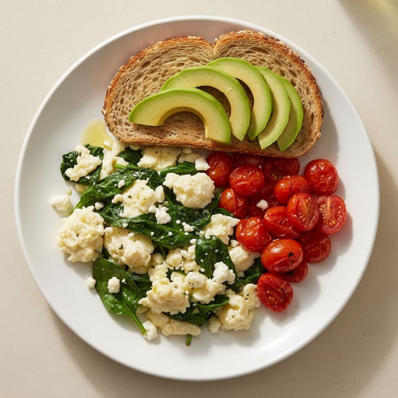 Egg White and Spinach Scramble with Feta and Roasted Cherry Tomatoes