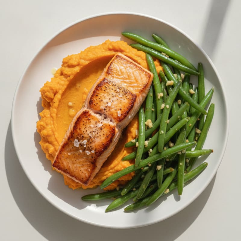 Seared Salmon Fillet with Garlic Green Beans and Sweet Potato Mash