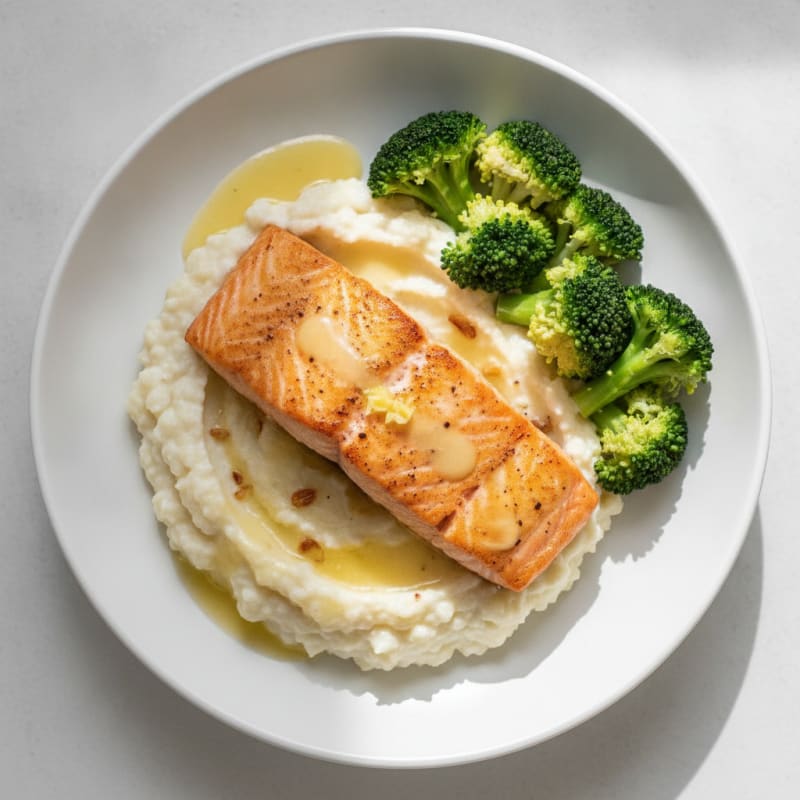 Seared Salmon Fillet with Steamed Broccoli and Garlic Cauliflower Mash
