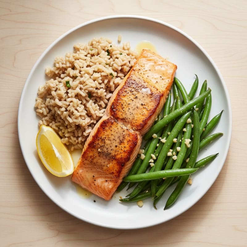 Seared Salmon with Garlic Green Beans and Brown Rice