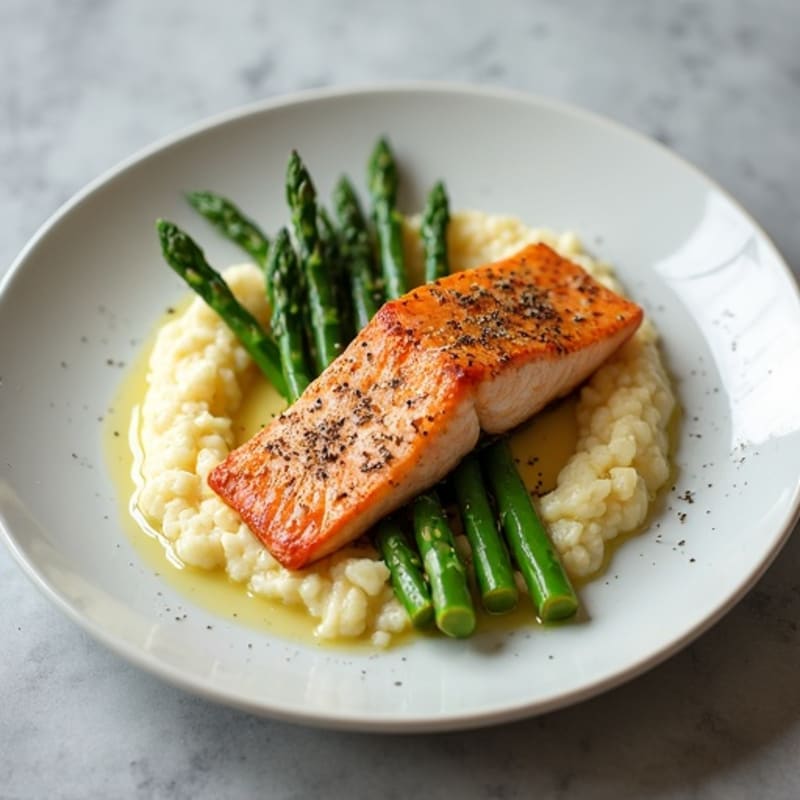 Seared Salmon with Steamed Asparagus and Garlic Cauliflower Mash