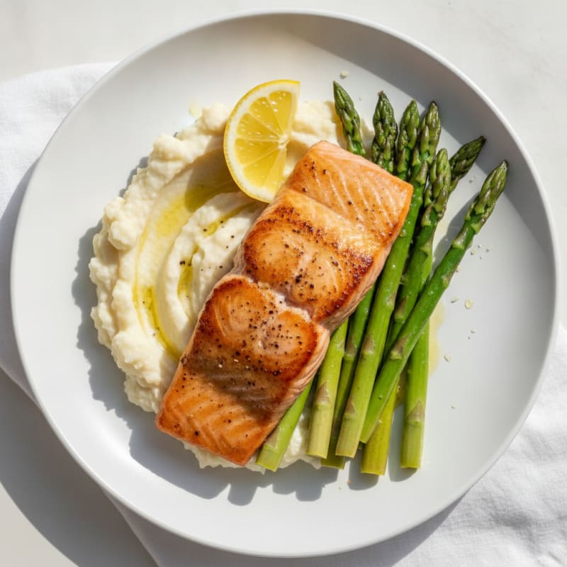 Seared Salmon with Steamed Asparagus and Cauliflower Mash