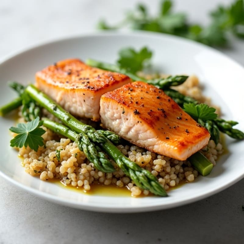 Seared Salmon with Steamed Asparagus and Herb Quinoa