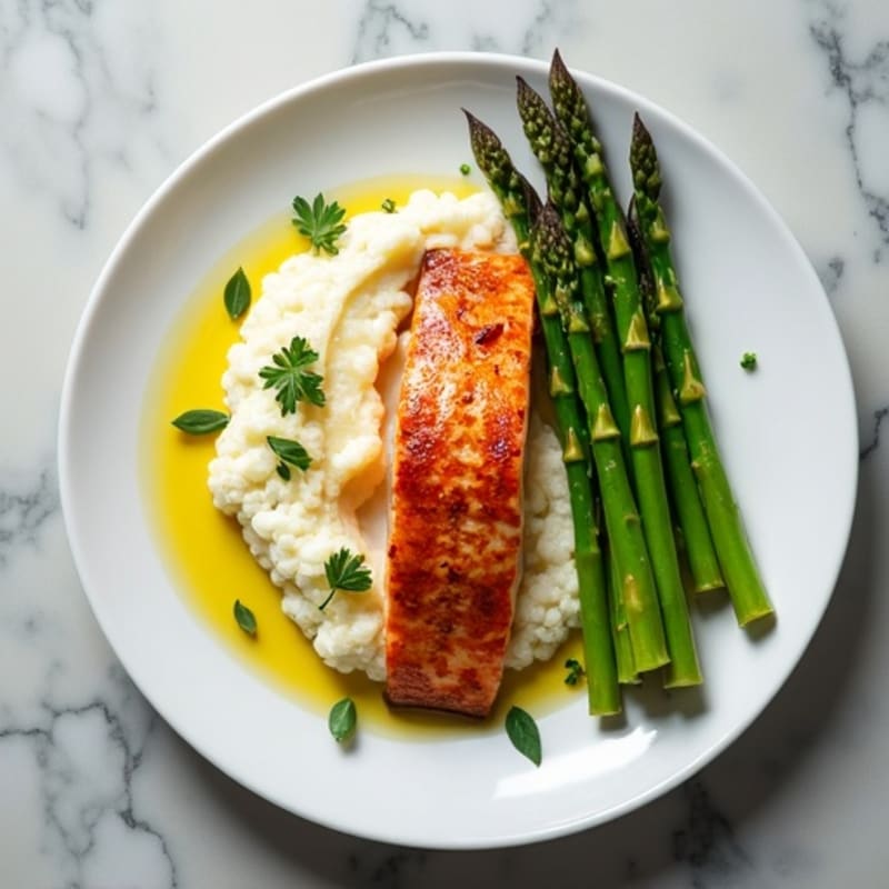 Seared Salmon with Steamed Asparagus and Cauliflower Mash