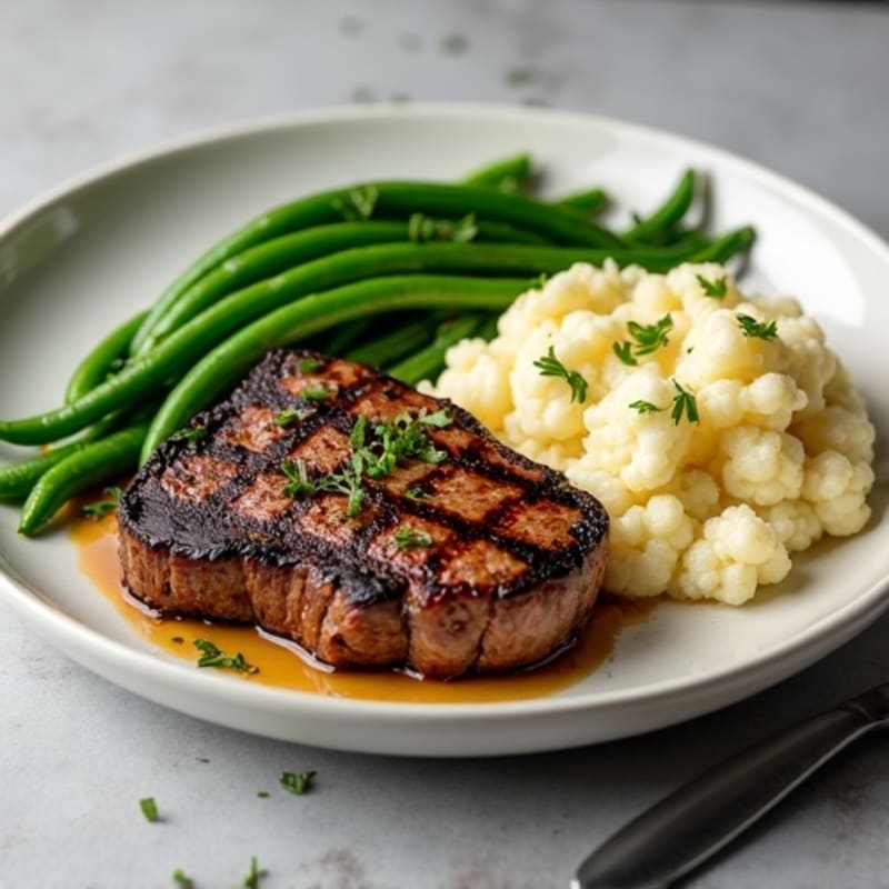 Grilled Sirloin Steak with Garlic Green Beans and Mashed Cauliflower