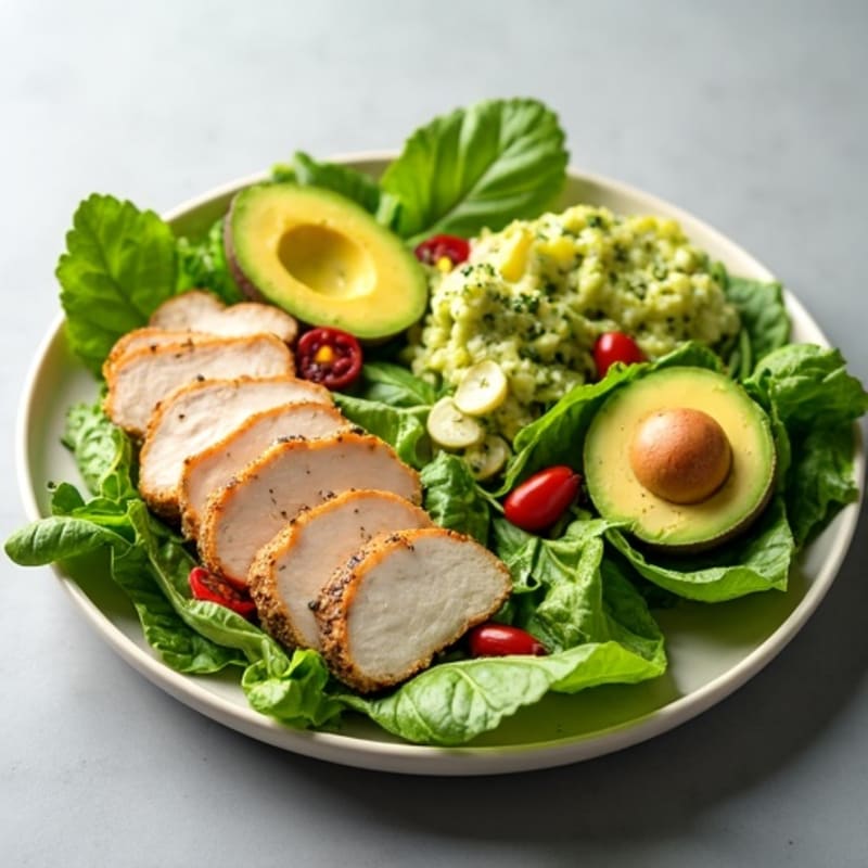 Crispy Romaine Salad with Herb-Marinated Chicken, Sliced Turkey, and Tangy Oregano Vinaigrette