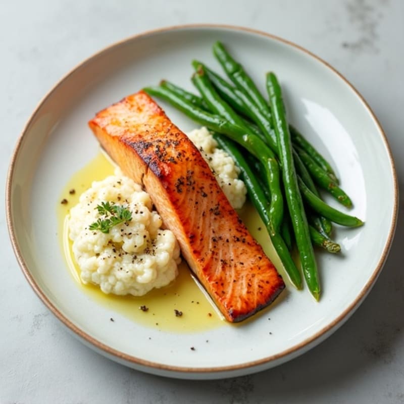 Seared Salmon with Steamed Green Beans and Cauliflower Mash