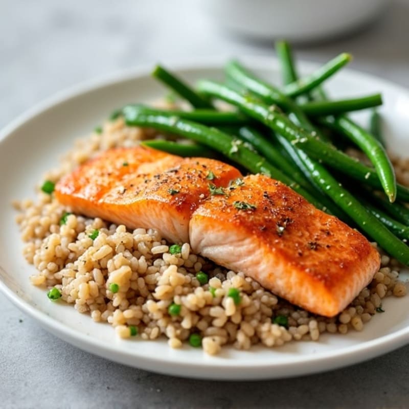 Seared Salmon with Garlic Green Beans and Brown Rice