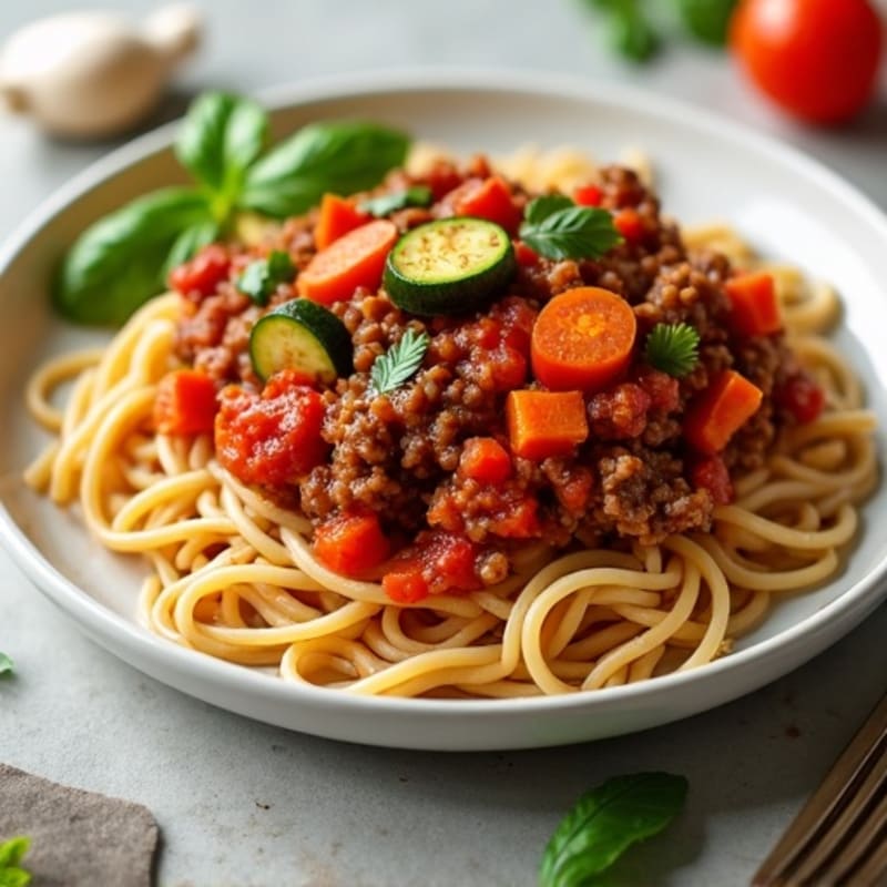 Lean Ground Beef and Veggie-Packed Tomato Sauce with Whole Wheat Spaghetti