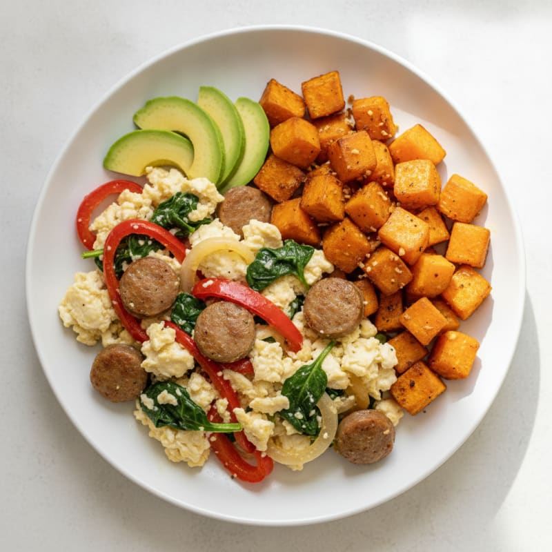 Egg White and Turkey Sausage Scramble with Roasted Sweet Potatoes