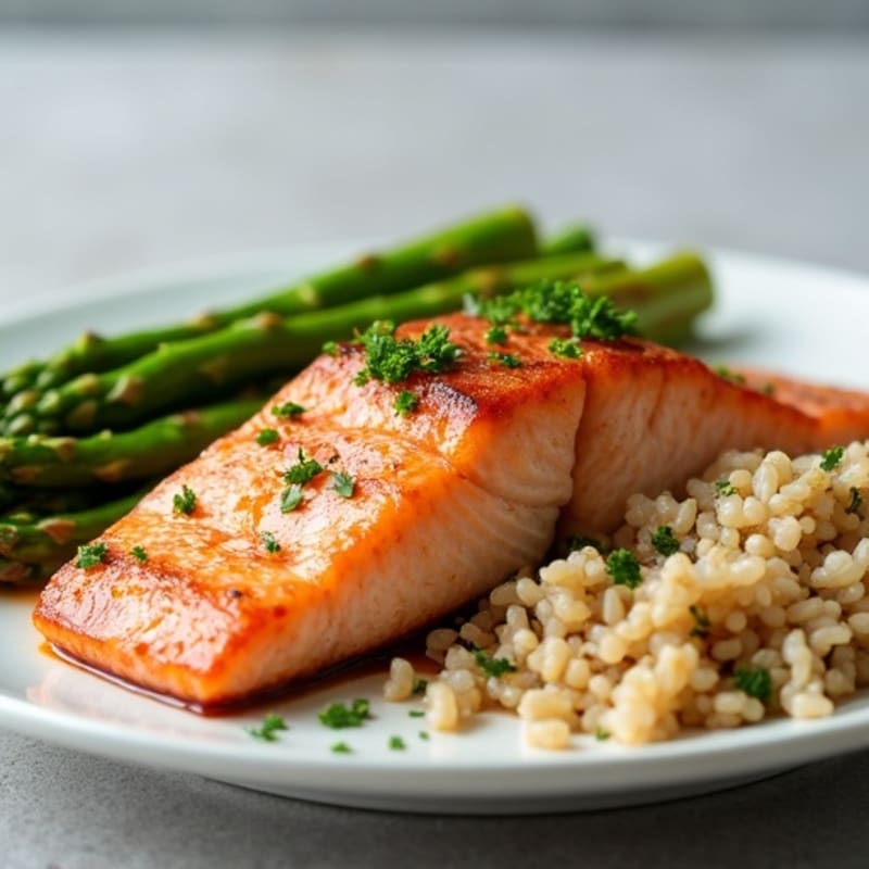 Seared Salmon Fillet with Steamed Asparagus and Brown Rice