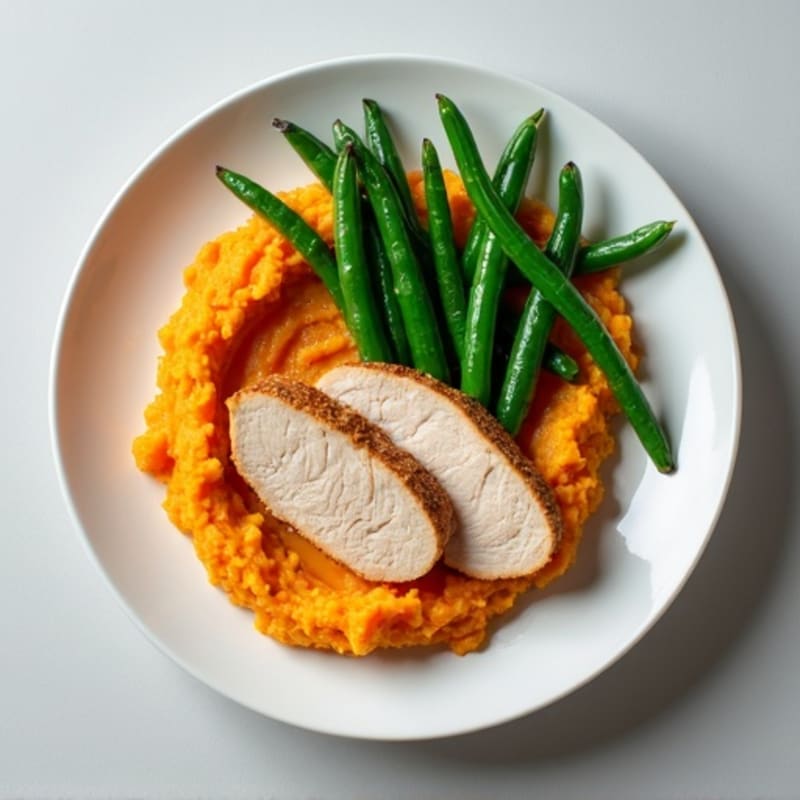 Seared Turkey Breast with Garlic Green Beans and Sweet Potato Mash