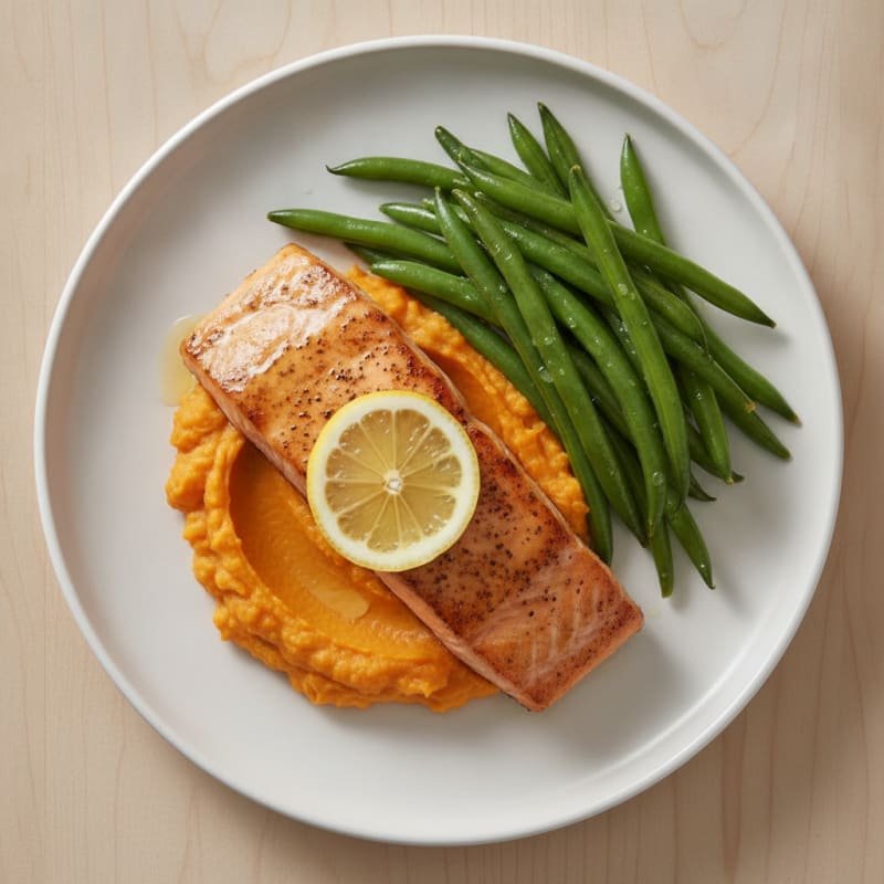 Pan-Seared Salmon with Steamed Green Beans and Sweet Potato Mash