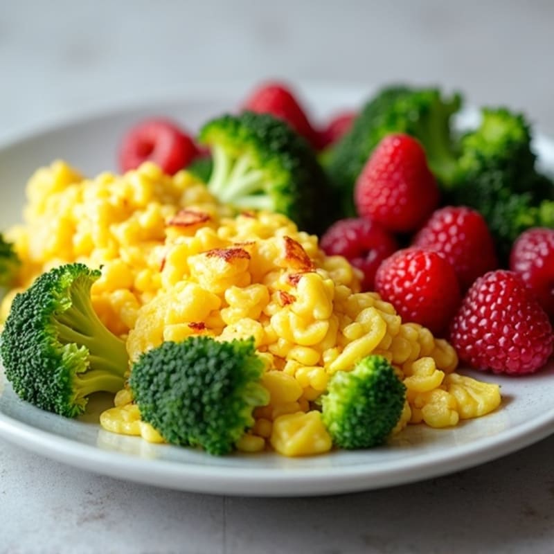 Scrambled Eggs with Sautéed Broccoli and Fresh Berries